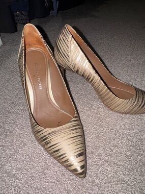 Donald J. Pliner Taupe and Metallic Stripe Pointed Toe Pumps